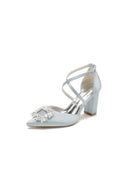 White Satin Pump with Crystal - Embellished Cross - Strap - KissProm