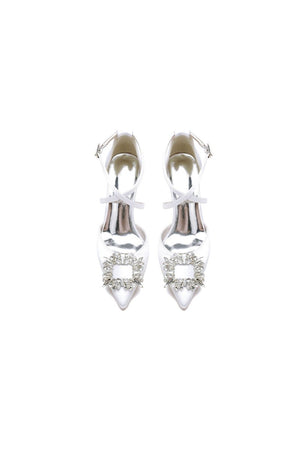 White Satin Pump with Crystal - Embellished Cross - Strap - KissProm