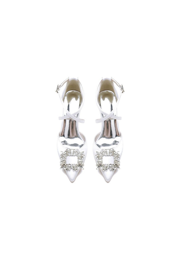 White Satin Pump with Crystal - Embellished Cross - Strap - KissProm