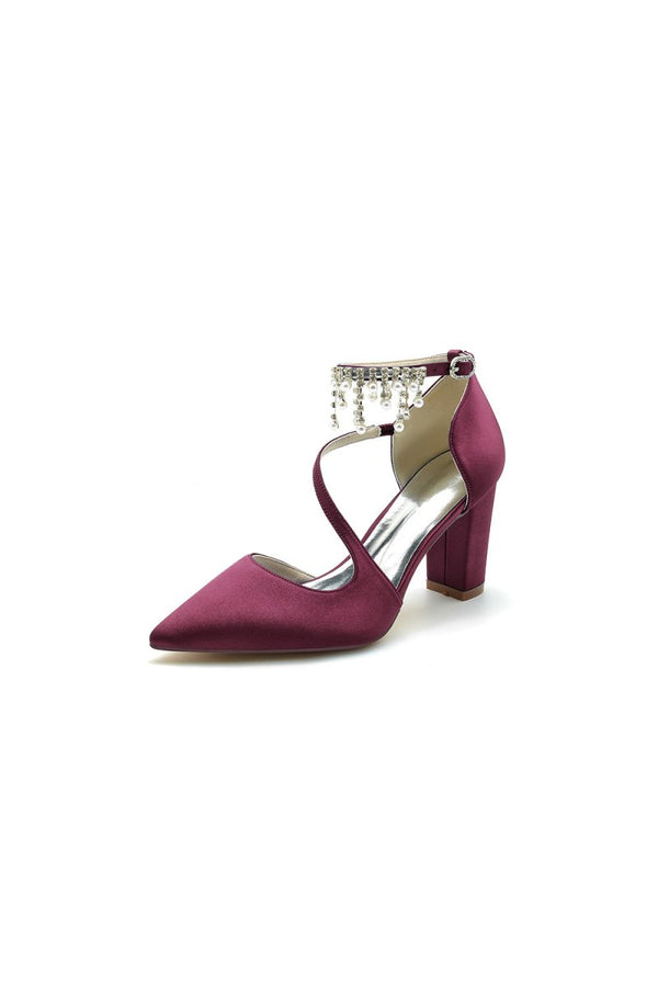 White Satin Pump with Pearl - Embedded Chain Heel - KissProm