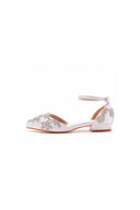 White Satin Rhinestone Flowers Pointed Toe Ankle Strap Chunky Heels - KissProm