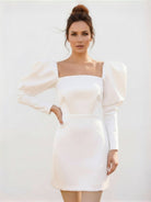 White Satin Short Wedding Dress with Puff Sleeves - KissProm
