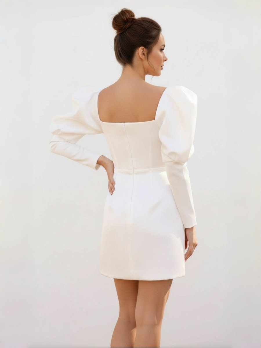 White Satin Short Wedding Dress with Puff Sleeves - KissProm