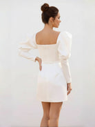 White Satin Short Wedding Dress with Puff Sleeves - KissProm
