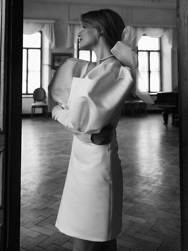 White Satin Short Wedding Dress with Puff Sleeves - KissProm