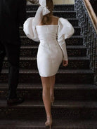 White Satin Short Wedding Dress with Puff Sleeves - KissProm