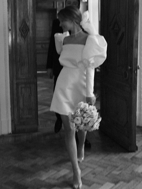 White Satin Short Wedding Dress with Puff Sleeves - KissProm
