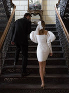 White Satin Short Wedding Dress with Puff Sleeves - KissProm