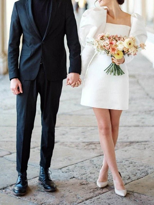 White Satin Short Wedding Dress with Puff Sleeves - KissProm