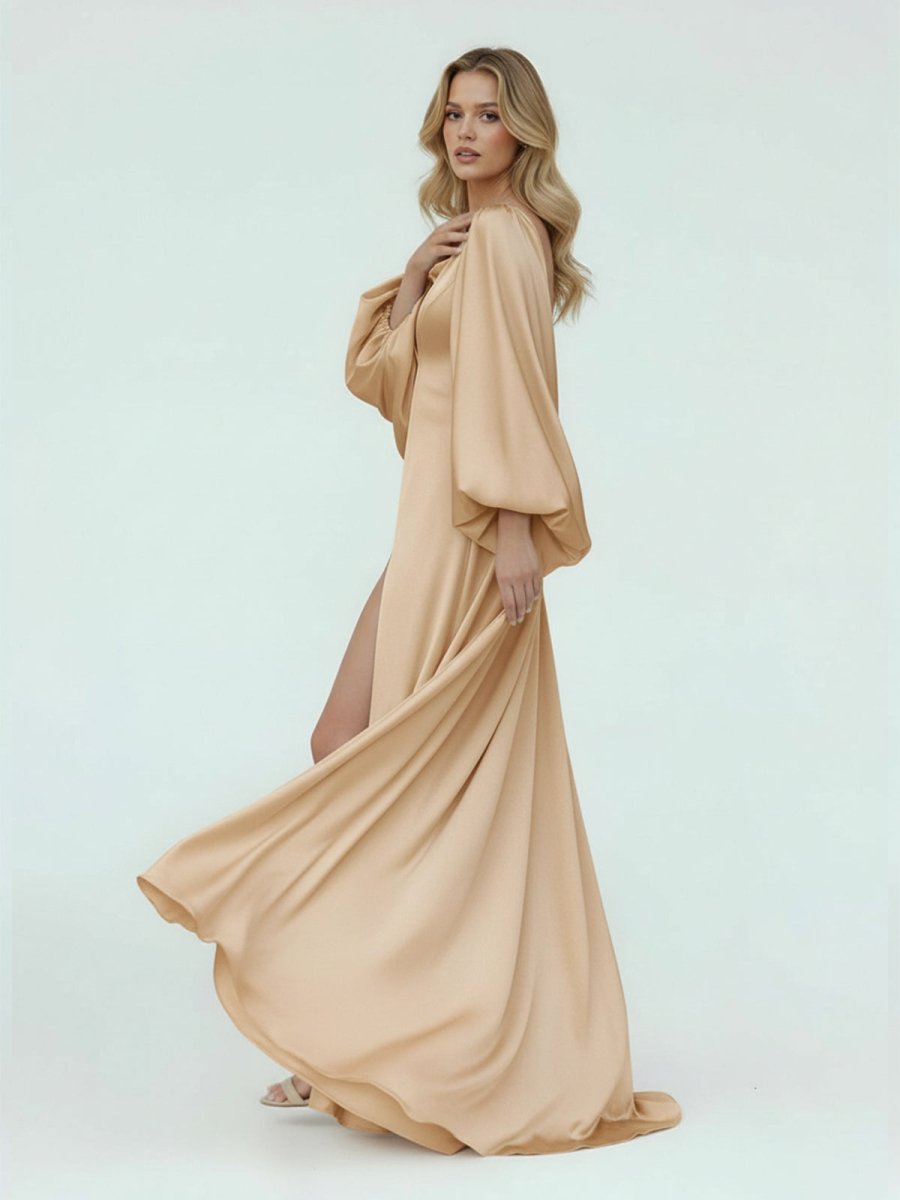 White Satin Simple A-Line Long Wedding Dress with Slit Champagne / 16 White Satin Simple A-Line Long Wedding Dress with Slit Champagne / 16