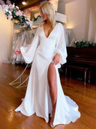 Clover | White Satin Simple A - Line Long Wedding Dress with Slit - KissProm