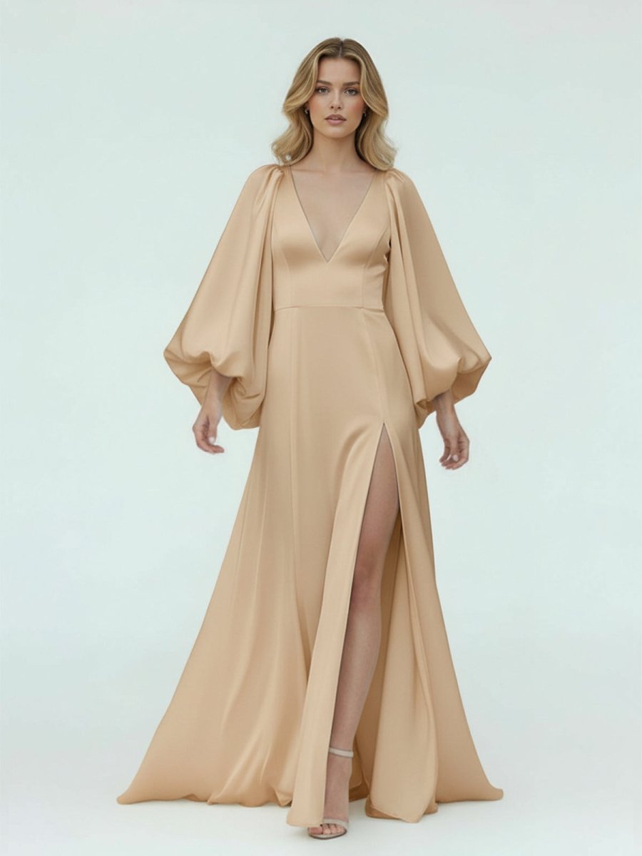 White Satin Simple A-Line Long Wedding Dress with Slit Champagne / 16 White Satin Simple A-Line Long Wedding Dress with Slit Champagne / 16