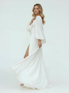 Clover | White Satin Simple A - Line Long Wedding Dress with Slit - KissProm