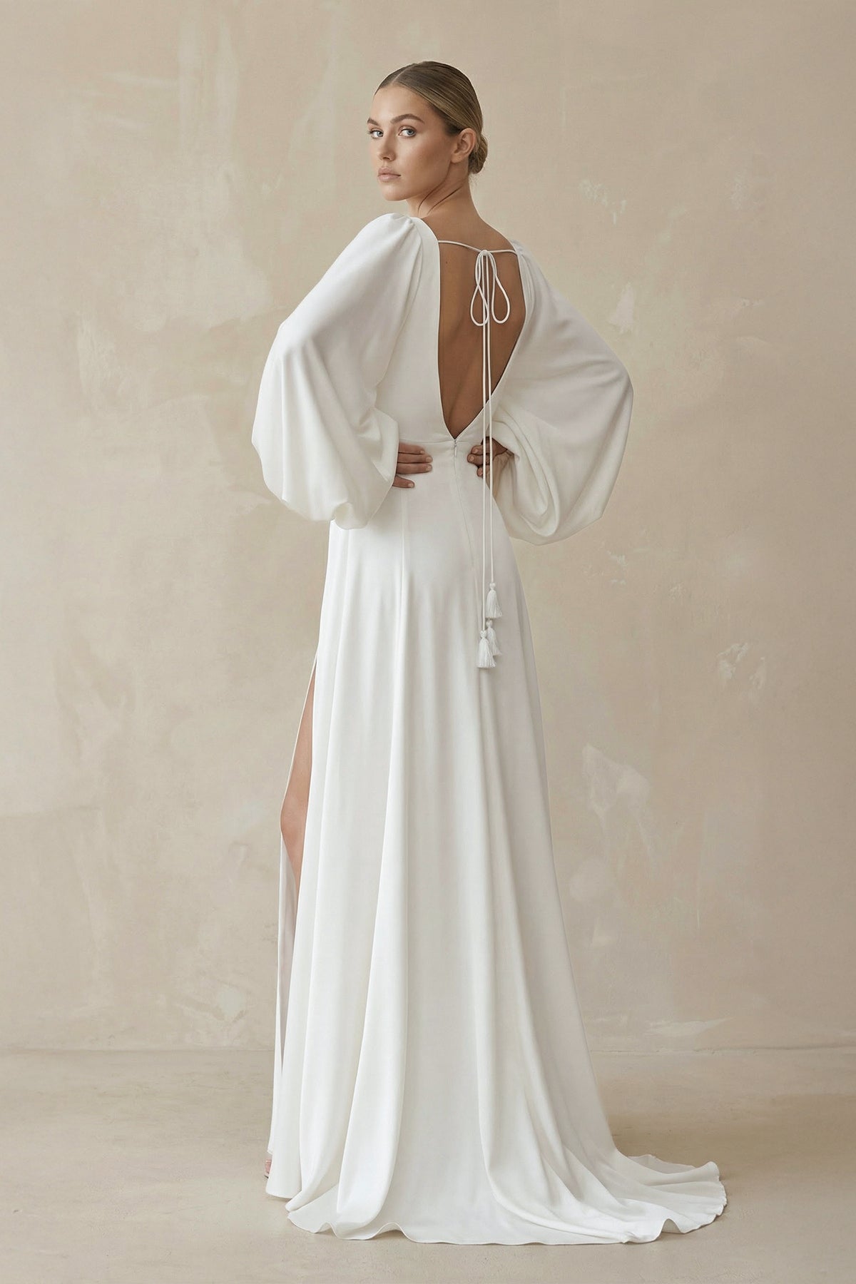 White Satin Simple A-Line Long Wedding Dress with Slit, Diamond White / 12 White Satin Simple A-Line Long Wedding Dress with Slit, Diamond White / 12