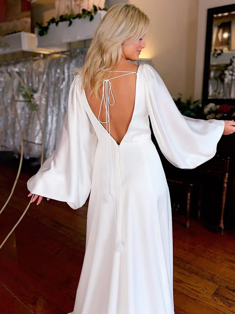 Clover | White Satin Simple A - Line Long Wedding Dress with Slit - KissProm