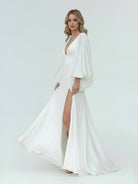 Clover | White Satin Simple A - Line Long Wedding Dress with Slit - KissProm