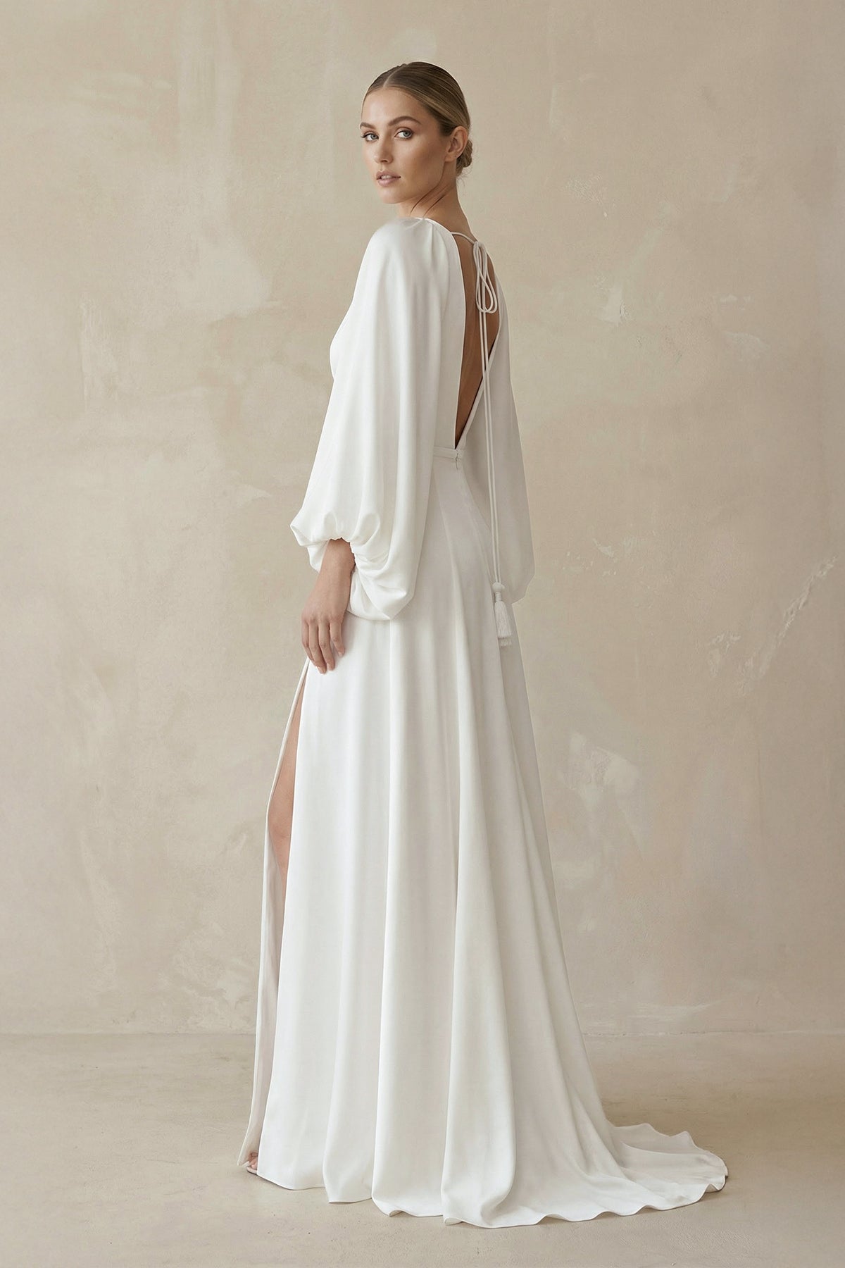 White Satin Simple A-Line Long Wedding Dress with Slit, Diamond White / 12