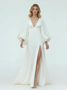 Clover | White Satin Simple A - Line Long Wedding Dress with Slit - KissProm