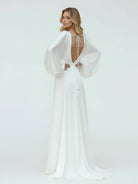 Clover | White Satin Simple A - Line Long Wedding Dress with Slit - KissProm