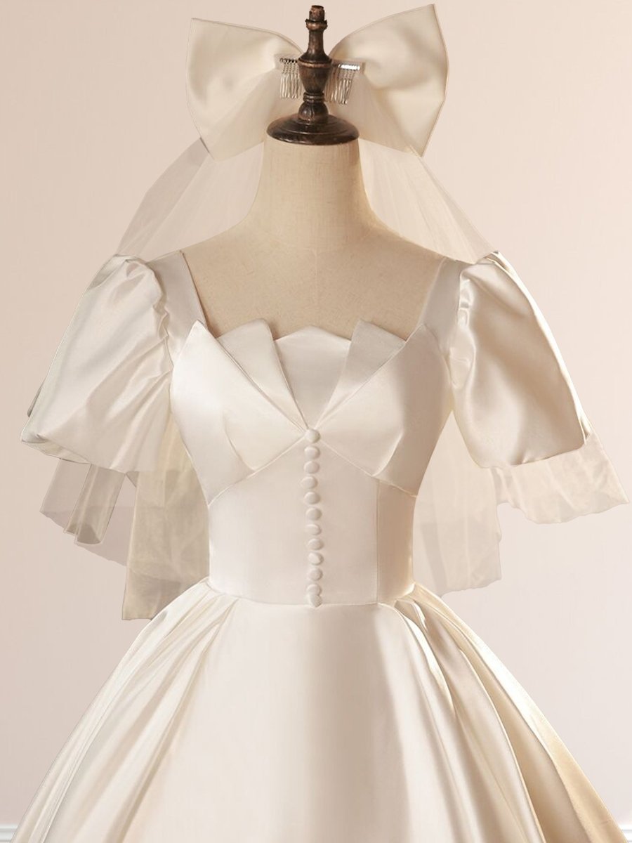 White Satin Square Neck Short Sleeve Lace Up Wedding Dress