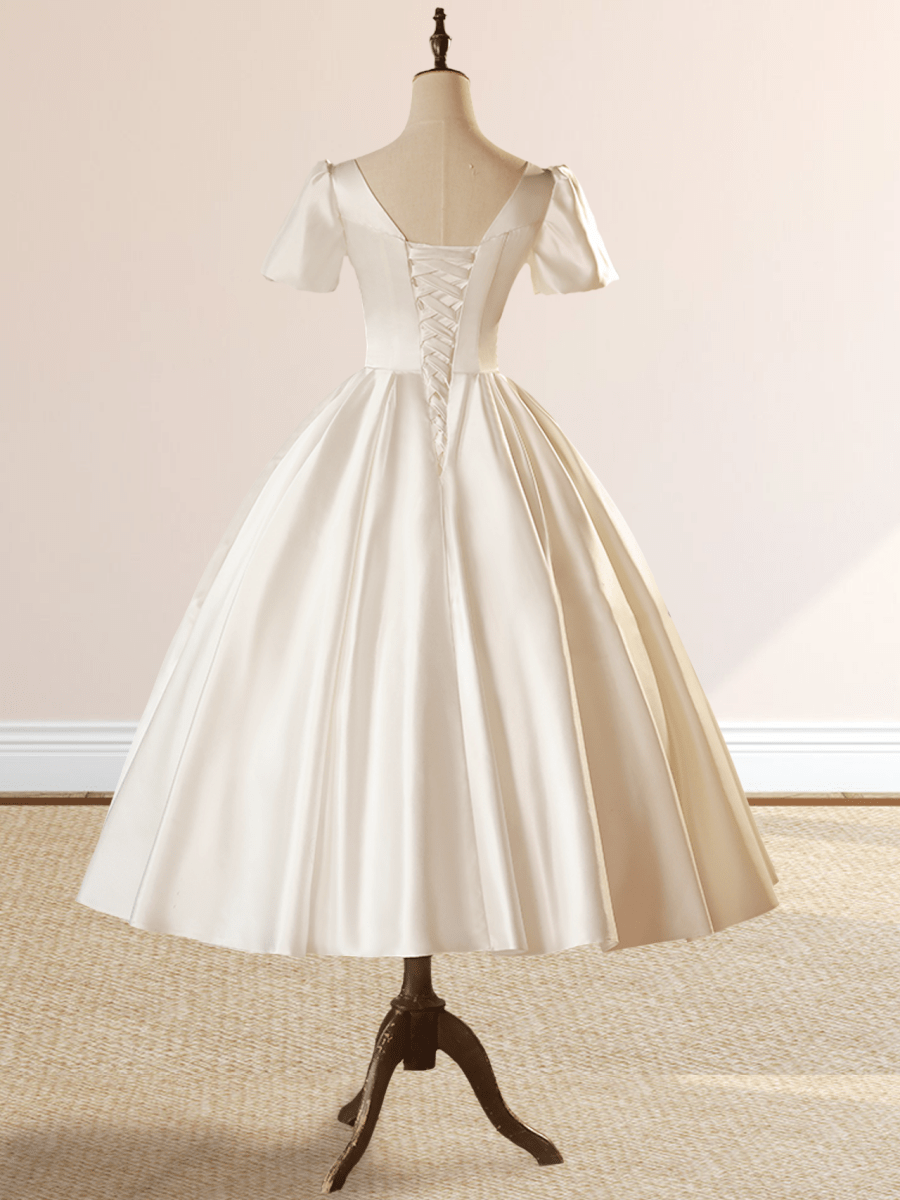 White Satin Square Neck Short Sleeve Lace Up Wedding Dress, Champagne / 22