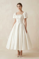 White Satin Square Neck Short Sleeve Lace Up Wedding Dress– Wedding Dresses by KissProm | Available at KissProm
