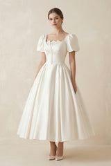 White Satin Square Neck Short Sleeve Lace Up Wedding Dress– Wedding Dresses by KissProm | Available at KissProm