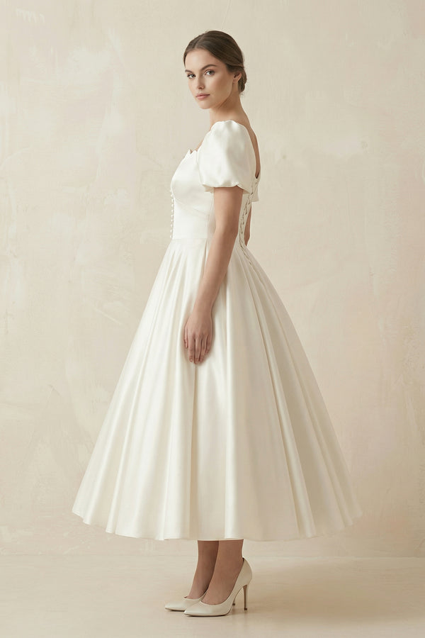 KissProm White Satin Square Neck Short Sleeve Lace Up Wedding Dress, Diamond White / 14
