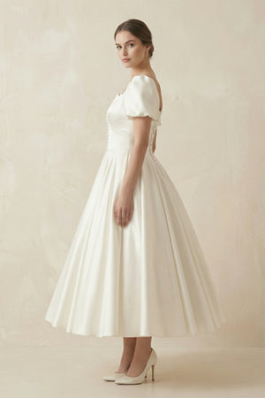 White Satin Square Neck Short Sleeve Lace Up Wedding Dress– Wedding Dresses by KissProm | Available at KissProm