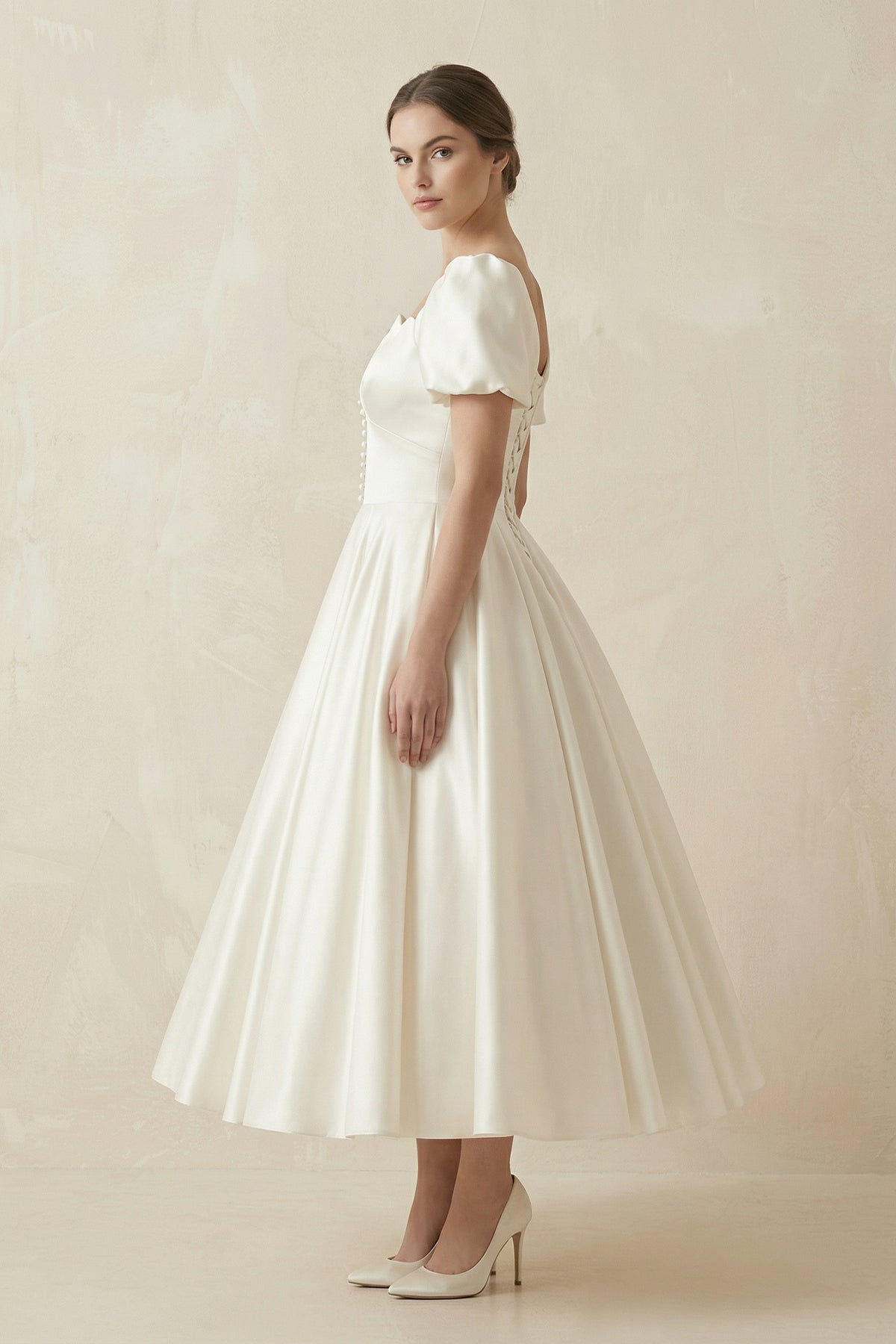 White Satin Square Neck Short Sleeve Lace Up Wedding Dress