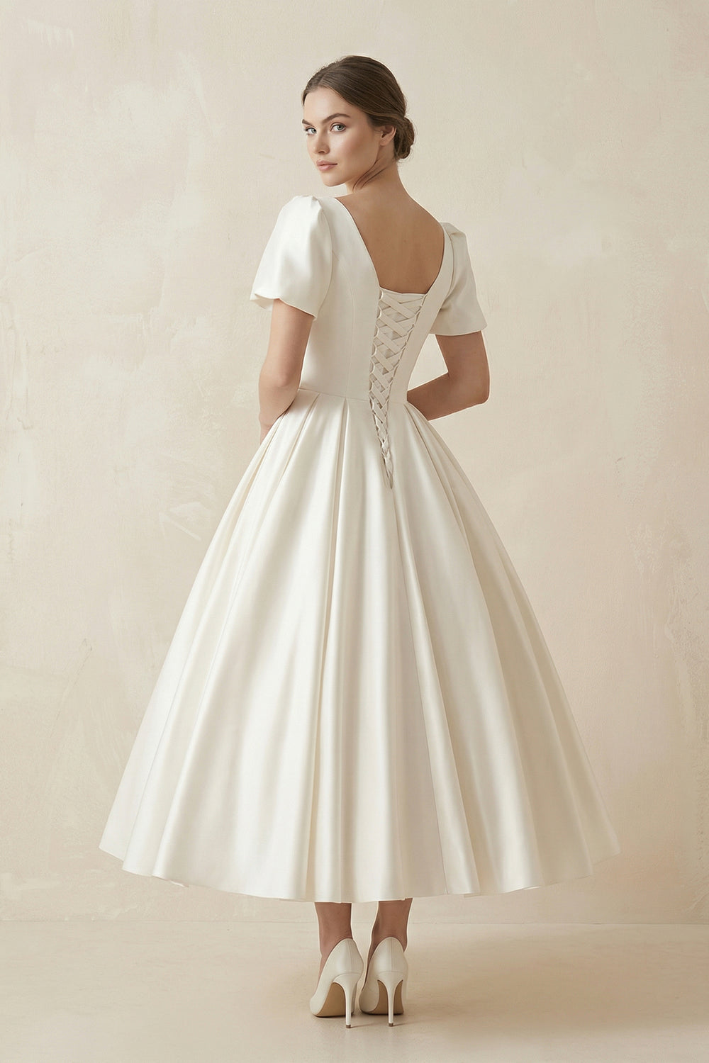 White Satin Square Neck Short Sleeve Lace Up Wedding Dress– Wedding Dresses by KissProm | Available at KissProm