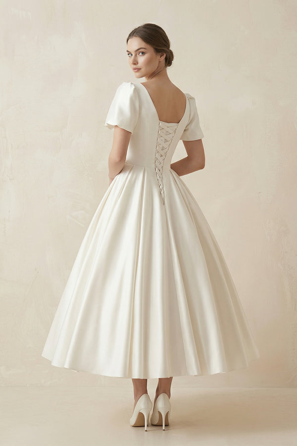 White Satin Square Neck Short Sleeve Lace Up Wedding Dress– Wedding Dresses by KissProm | Available at KissProm