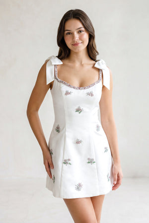 White Scoop Neck A-Line Satin Beaded Homecoming Dress with Bow | KISSPROM