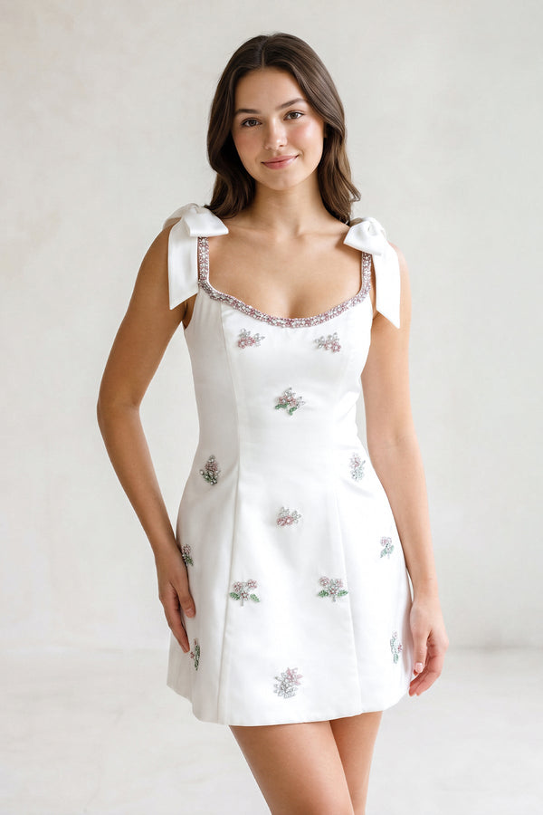 White Scoop Neck A-Line Satin Beaded Homecoming Dress with Bow | KISSPROM