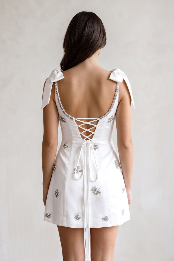 White Scoop Neck A-Line Satin Beaded Homecoming Dress with Bow (2) | KISSPROM