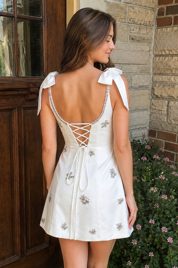 White Scoop Neck A-Line Satin Beaded Homecoming Dress with Bow | KISSPROM