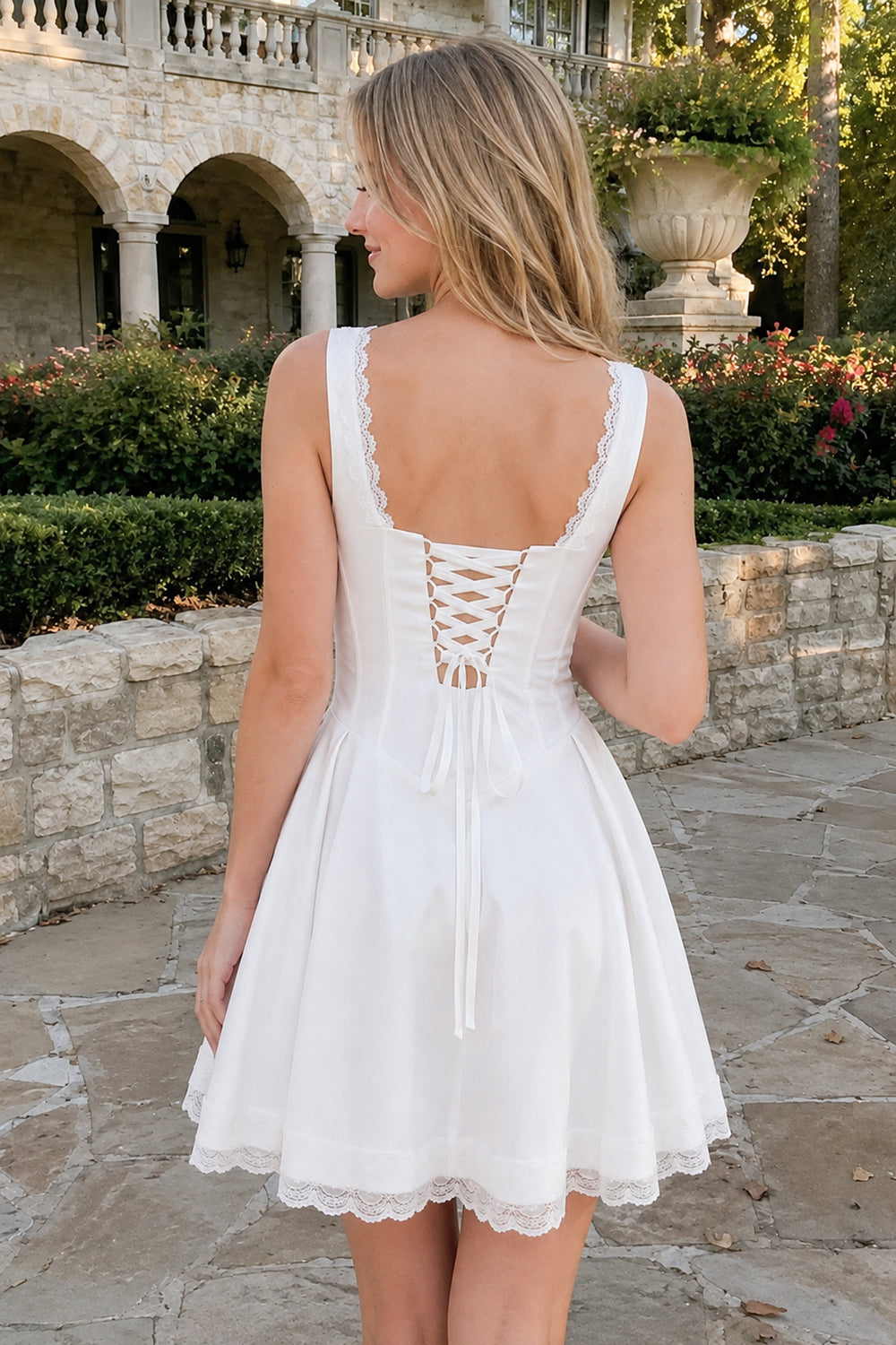 White Scoop Neck Lace Ruched A-Line Satin Homecoming Dress | KISSPROM