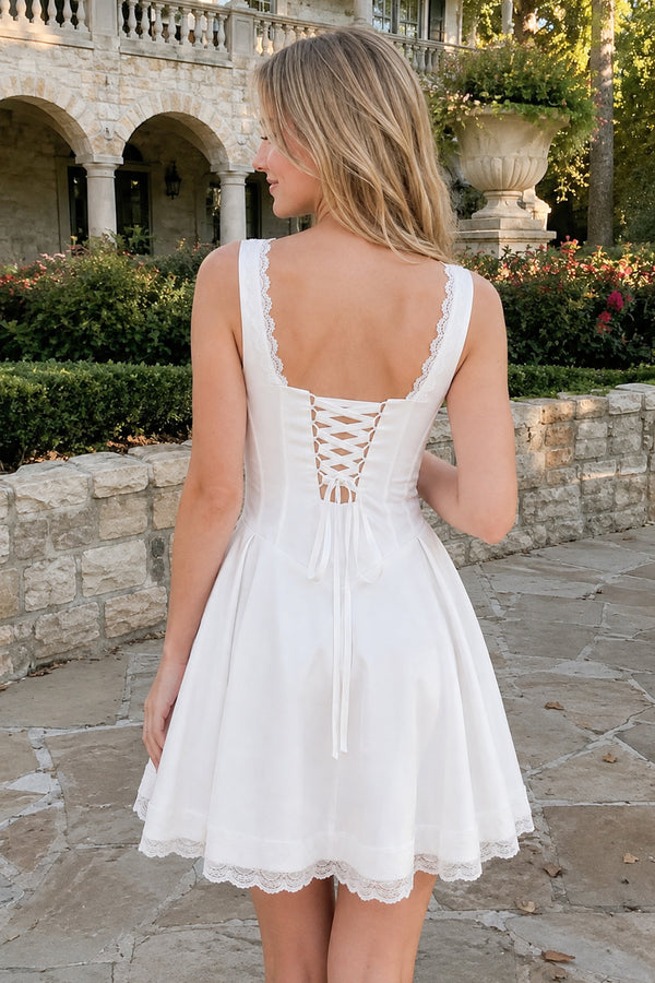 White Scoop Neck Lace Ruched A-Line Satin Homecoming Dress (2) | KISSPROM
