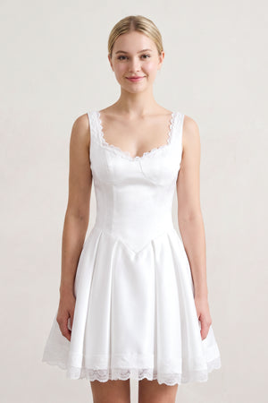 White Scoop Neck Lace Ruched A-Line Satin Homecoming Dress (3) | KISSPROM