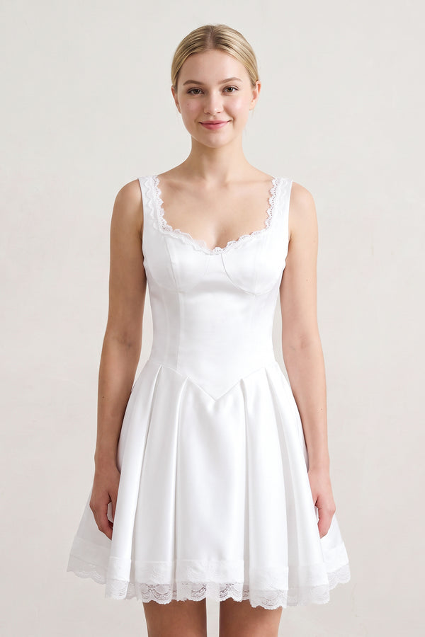 White Scoop Neck Lace Ruched A-Line Satin Homecoming Dress (3) | KISSPROM