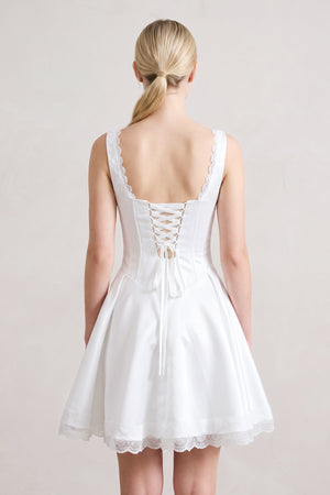 White Scoop Neck Lace Ruched A-Line Satin Homecoming Dress (4) | KISSPROM