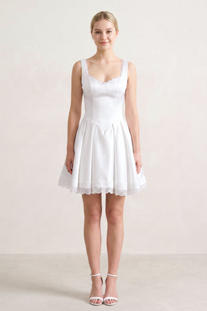 White Scoop Neck Lace Ruched A-Line Satin Homecoming Dress (5) | KISSPROM