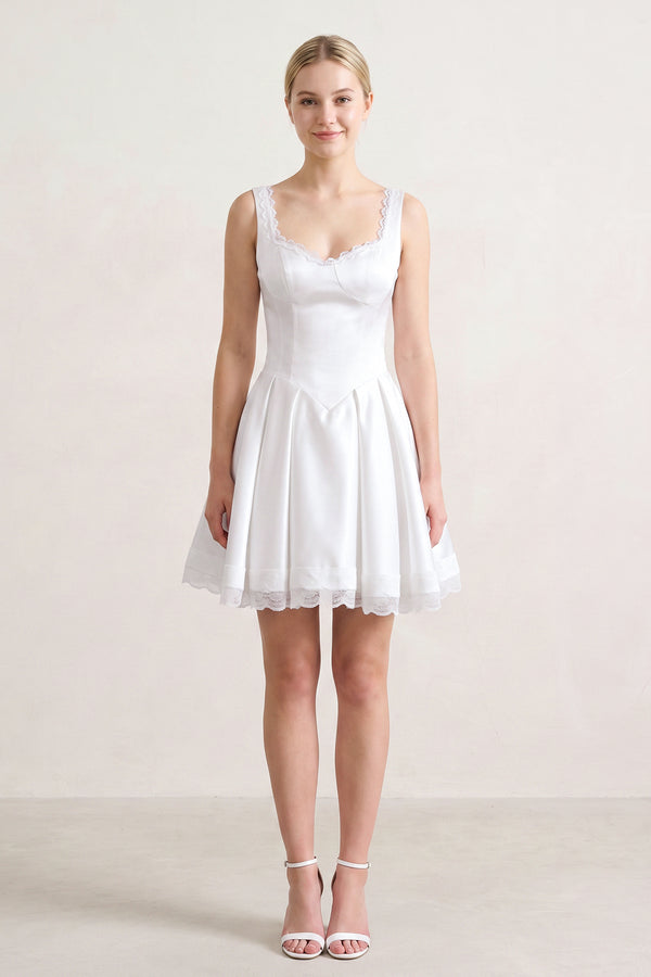 White Scoop Neck Lace Ruched A-Line Satin Homecoming Dress (5) | KISSPROM