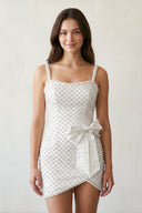 White Sheath Beaded Pearl Homecoming Dresses with Bow