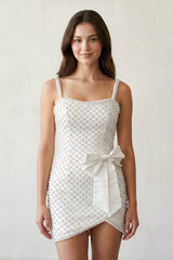 White Sheath Beaded Pearl Homecoming Dresses with Bow