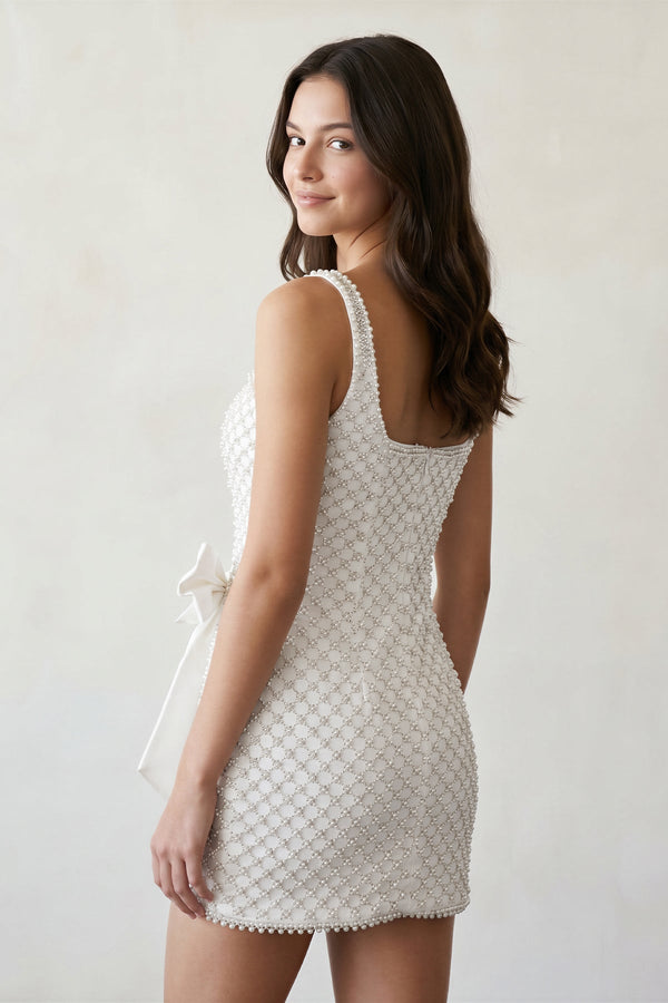 KissProm White Sheath Beaded Pearl Homecoming Dresses with Bow, White / 0