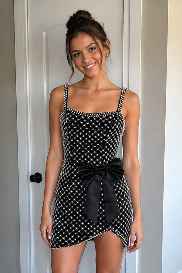 Black Sheath Beaded Pearl Homecoming Dresses with Bow - KissProm  