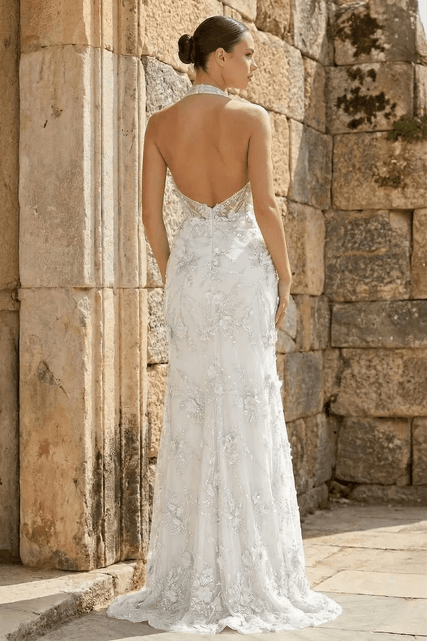 White Sheath Halter Sequined Long Party Dress With Floral Appliques (2) | KISSPROM
