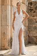 White Sheath Halter Sequined Long Party Dress With Floral Appliques | KISSPROM