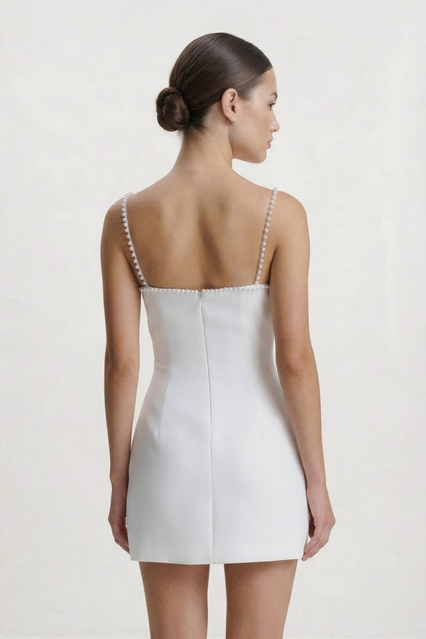White Sheath Mini Graduation Dress With Pearl - KissProm